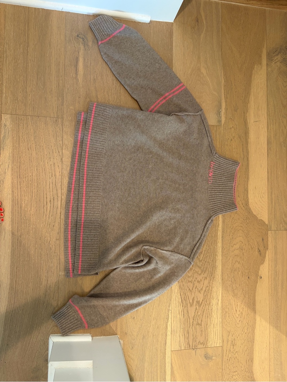 Taupe Pilcro Sweater with Pink Trim Knit Pullover (Anthropologie)